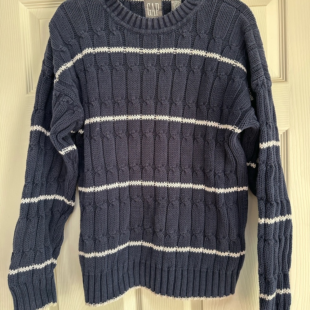GAP Women’s Dark Blue Cable Knit Sweater with White Stripes